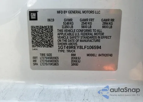 2020 GMC Sierra K2500 Denali z USA, uszkodzony, nr VIN 1GT49REY8LF106594